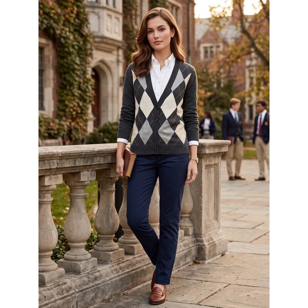 Old Navy Cardigan Women S 2010s Y2K Preppy Academic Argyle Knit V-Neck Layering
